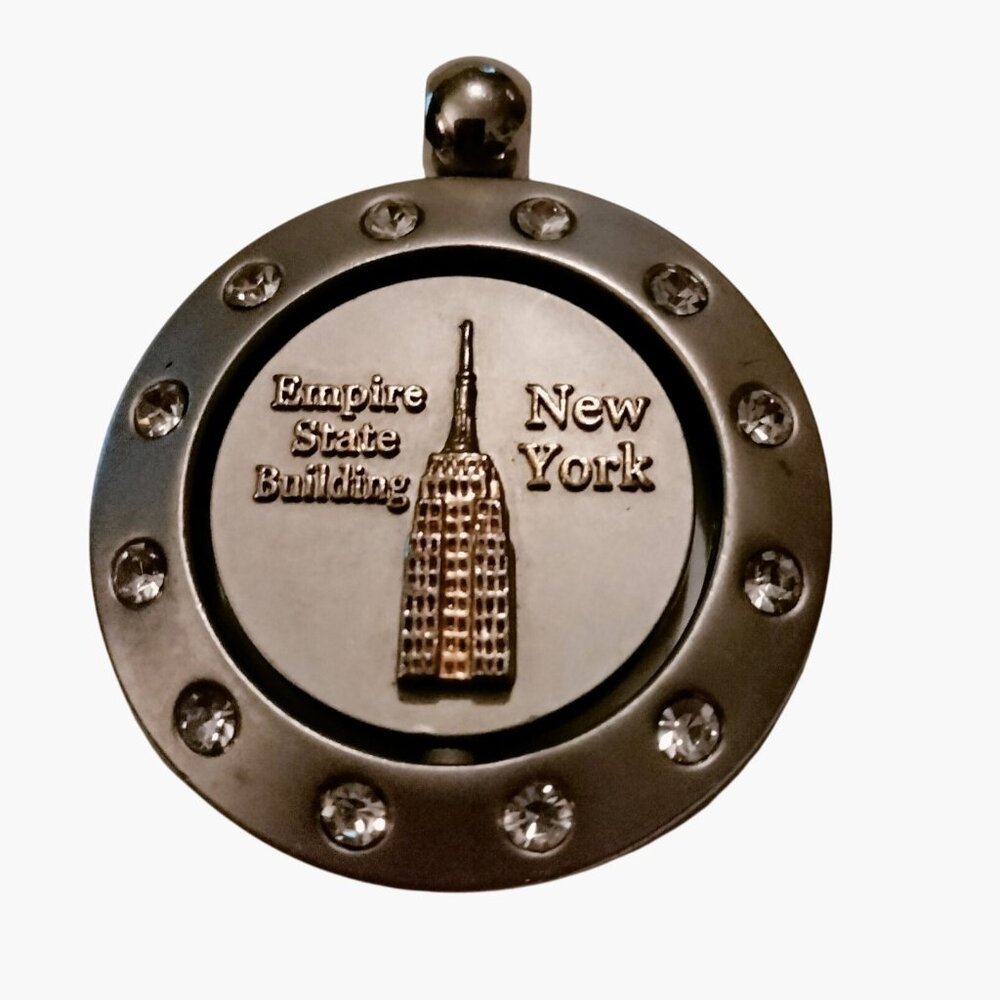 Empire State Building New York Pendant Bag Charm Rhinestone Accents Two Sided